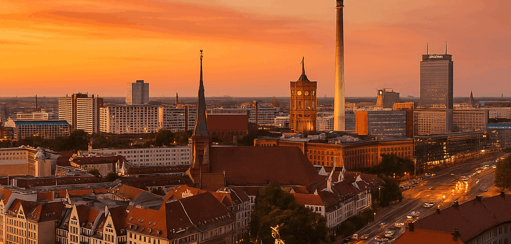 Berlin Skyline mit Brandenburger Tor bei Sonnenuntergang – Symbolbild für Falke Law Tax, Ihren türkischen Anwalt in Berlin mit Expertise im türkischen Handels-, Arbeits-, Steuer- und Erbrecht.