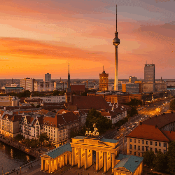 Berlin Skyline mit Brandenburger Tor bei Sonnenuntergang – Symbolbild für Falke Law Tax, Ihren türkischen Anwalt in Berlin mit Expertise im türkischen Handels-, Arbeits-, Steuer- und Erbrecht.