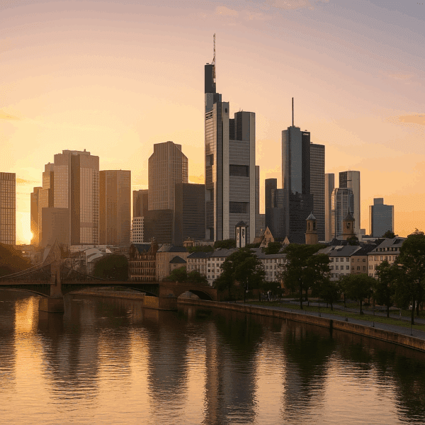 Frankfurt Skyline bei Sonnenuntergang – Symbolbild für Falke Law Tax, Ihren türkischen Anwalt in Frankfurt mit Expertise im türkischen Handels-, Arbeits-, Steuer- und Erbrecht.