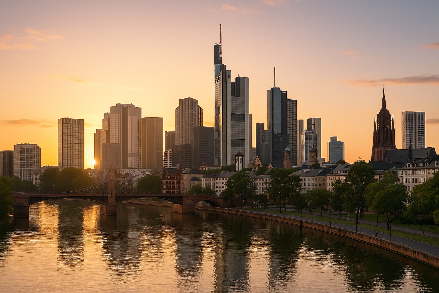 Frankfurt Skyline bei Sonnenuntergang – Symbolbild für Falke Law Tax, Ihren türkischen Anwalt in Frankfurt mit Expertise im türkischen Handels-, Arbeits-, Steuer- und Erbrecht.