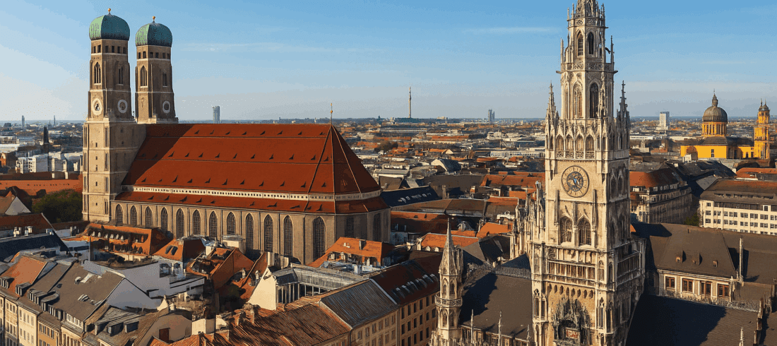 München Skyline bei Sonnenuntergang – Symbol für deutsch-türkische Rechtsberatung und rechtliche Brücke zwischen Deutschland und der Türkei | Falke Law Tax