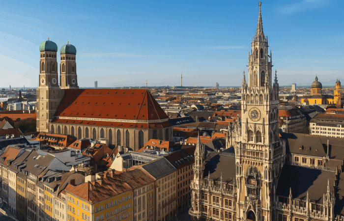 München Skyline bei Sonnenuntergang – Symbol für deutsch-türkische Rechtsberatung und rechtliche Brücke zwischen Deutschland und der Türkei | Falke Law Tax